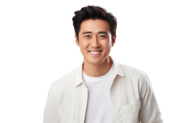 Cheerful, handsome, positive Chinese man with a genuine smile, isolated on a white background.