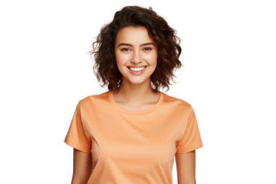 Cheerful smiling young woman in casual t-shirt isolated on white background