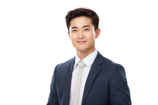 Cheerful, handsome, positive Chinese man with a genuine smile, isolated on a white background.