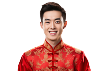 Cheerful and handsome Chinese man wearing traditional Chinese clothing, isolated on white background.