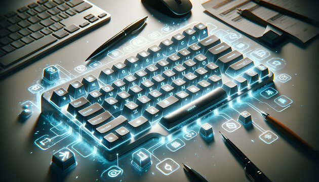 Keyboard with holographic shortcuts floating above keys concept as A keyboard is set on a white surface with holographic shortcut keys floating just above the physical keys. The scene is shot from a t
