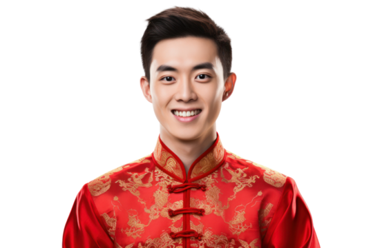 Cheerful and handsome Chinese man wearing traditional Chinese clothing, isolated on white background.