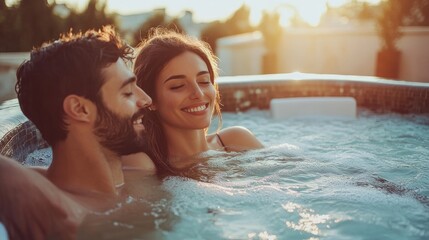 Loving young couple relaxing in hot tub in spa