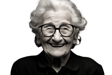 Black and white photo of an elderly woman smiling, isolated on a white background.