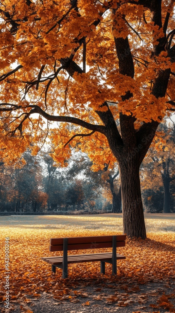 Poster A bench sits in a park with a tree in the background