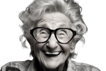 Black and white photo of an elderly woman smiling, isolated on a white background.