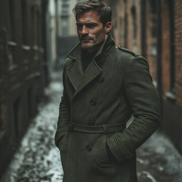 man in green coat standing in an alley