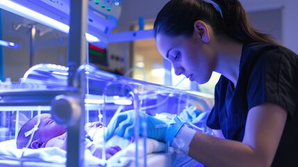 Nurse caring for a premature baby in a neonatal intensive care unit (NICU)