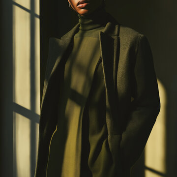 woman in green turtleneck and coat with shadows