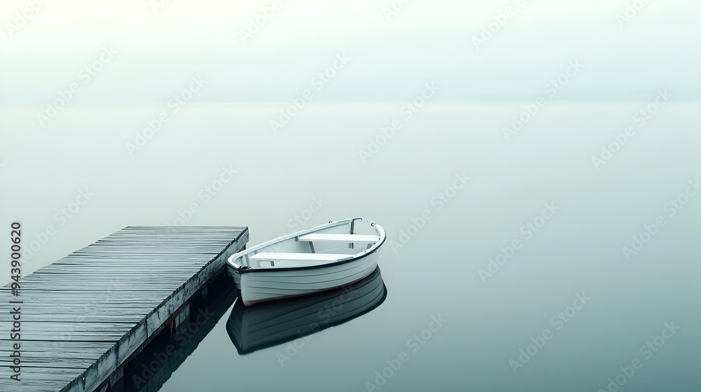 Aufkleber a lone boat gently docked at an empty pier creating a tranquil and serene waterfront landscape with 