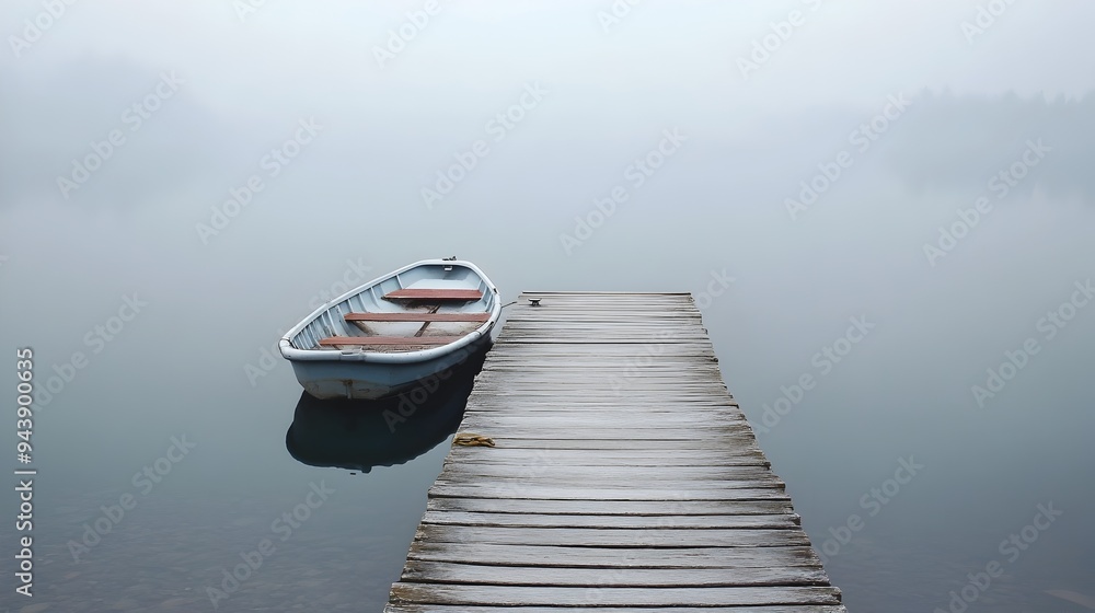 Aufkleber a lone boat peacefully docked at an empty pier reflecting the serene landscape with ample copy space