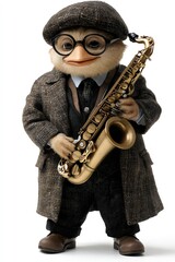 Uncle Duck wears glasses and stands holding his saxophone isolated on a white background. Generative AI