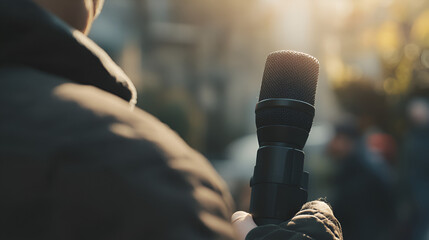 periodista entrevistando con su microfono para obtener el reportaje y las noticias reportero periodistico profesional para los medios de comunicacion