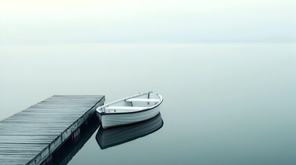 A lone boat gently docked at an empty pier creating a tranquil and serene waterfront landscape with ample copy space for your design or message