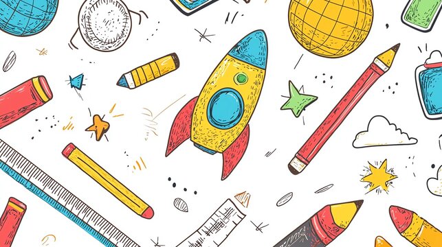 Colorful doodles of planets, rockets, and stationery items perfect for educational themes and children's creativity.