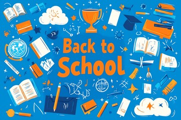 Colorful illustration celebrating back to school with books, pens, clouds, and educational items on a vibrant blue background.