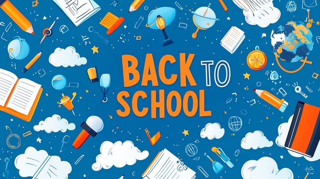 Colorful illustration celebrating back to school with books, globes, and school supplies on a vibrant blue background.