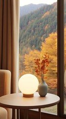 A minimalist Japanese-inspired space showcases floor-to-ceiling windows, stunning mountain views at dusk, a soft glowing lamp, and simple but elegant decor for a peaceful ambiance