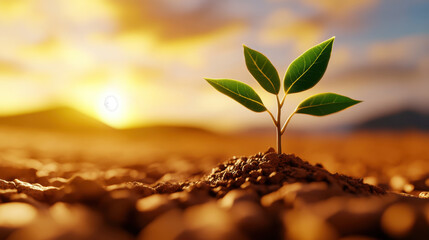 Young green plant sprouting from dry soil against a beautiful sunset, symbolizing new beginnings and growth in nature