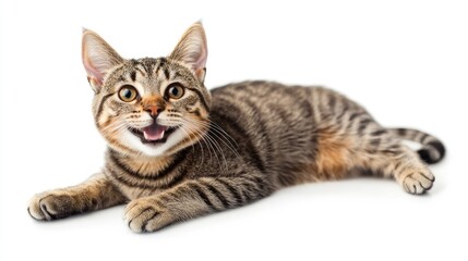 Fototapeta premium Playful cat with twitching whiskers, a wide smile, and sparkling eyes, isolated on a pure white background, captured in studio light, showcasing its joyful expression.