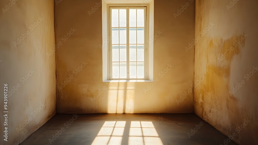 Poster a lone window casting soft luminous light into an empty minimalist interior space creating a serene 