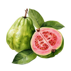 Fresh green guava with a pink interior cut in half, showing seeds. 