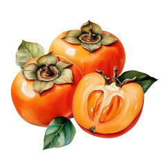 Fresh persimmons with green leaves. Whole and sliced pieces showcasing 