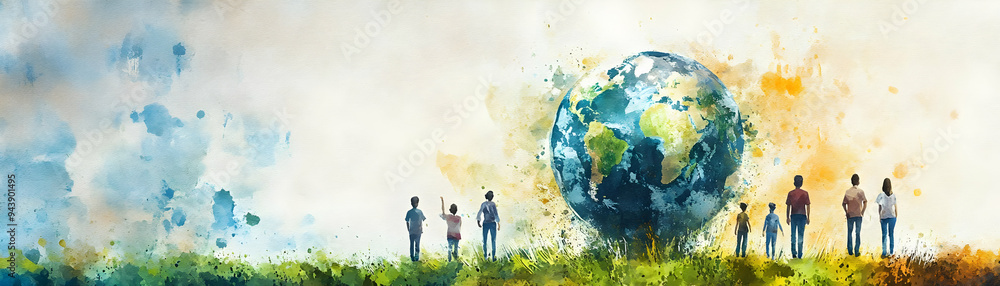 Aufkleber people with watercolor earth and environmental data concept as a group of people analyzing watercolo