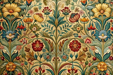 Art Nouveau Floral Tapestry: Vibrant colors, sinuous lines, naturalistic elements, decorative patterns