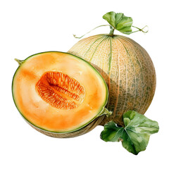 fresh cantaloupe, showcasing a whole and half fruit transparent background.Ideal for food advertising.