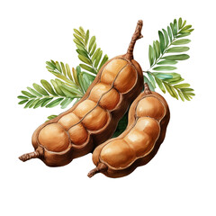  fresh tamarind pods with green leaves, showcasing natural, transparent background