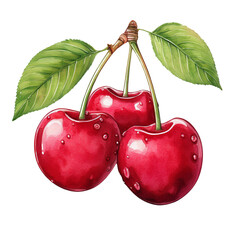 Illustration of three vibrant red cherries with green leaves on a white background. Detailed and colorful digital artwork.