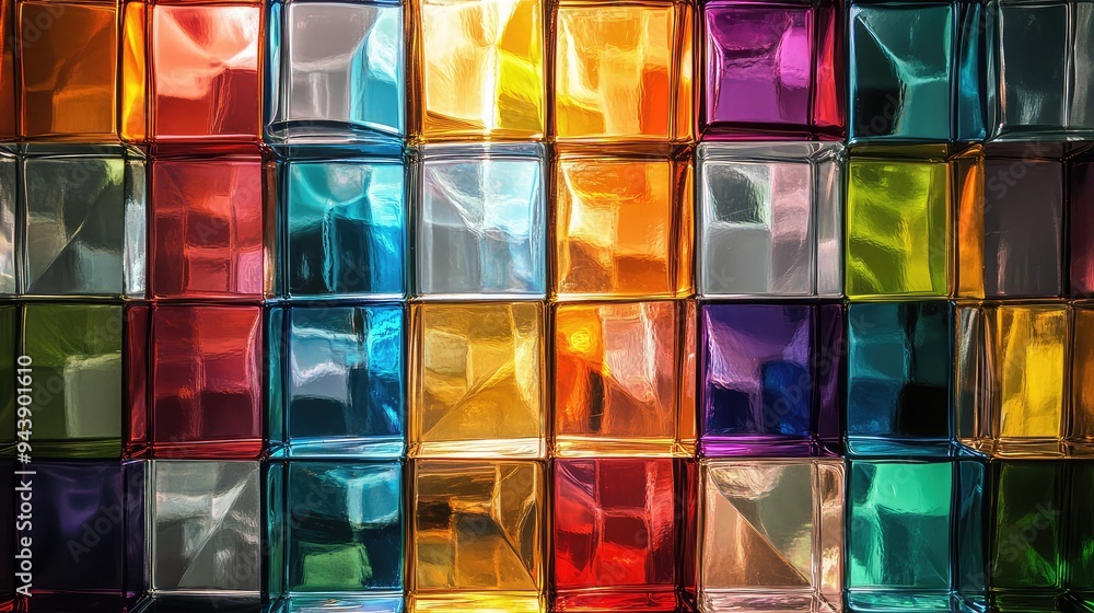 Poster an array of glass blocks with complex reflections and vibrant colors, creating a striking abstract v