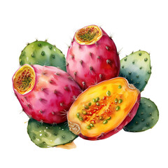 watercolor illustration of cactus fruit, showcasing vivid red and green colors.transparent background