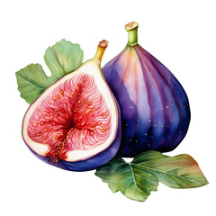 watercolor illustration of fresh figs with lush green leaves, showcasing halved and whole fruit, transparent background