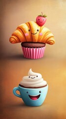 This artwork showcases adorable food icons, including a smiling croissant, cheerful cupcake, and happy coffee cup, radiating fun