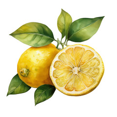Watercolor painting of a whole lemon and a lemon half with vibrant green leaves pngม transparent background