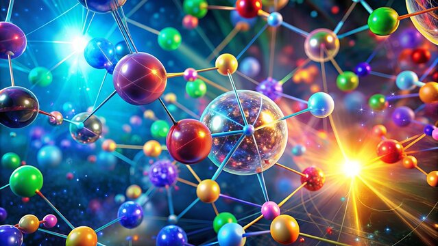 Atomic Body: Subatomic particles, molecular structures, vibrant colors, abstract, scientific