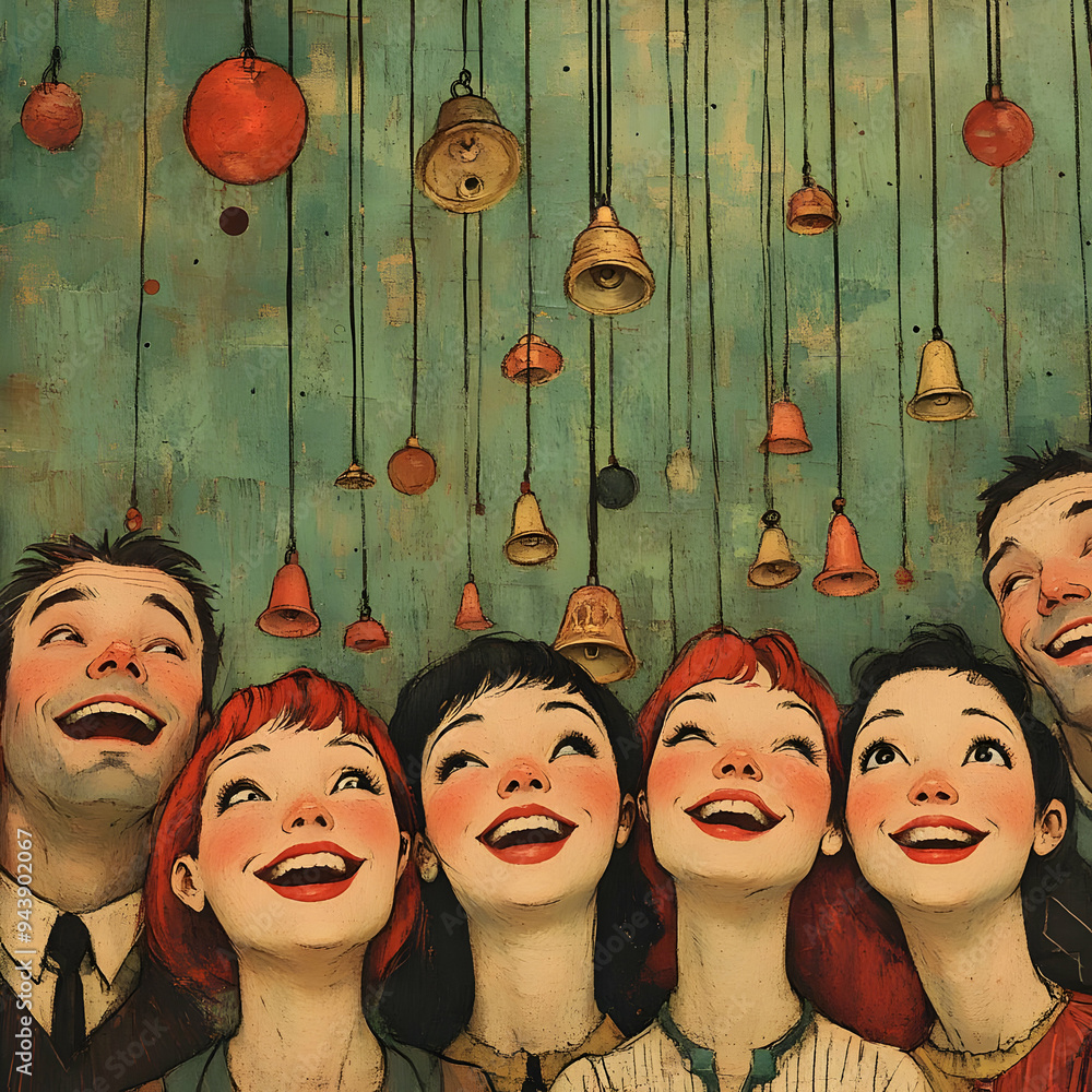 Aufkleber people with enchanted wind chimes and smiling faces concept as a group of people listening to enchan