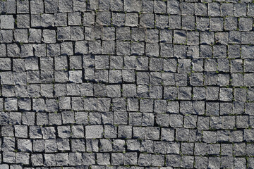 gray abstract pattern background of grey  cobblestone pavement in close-up top view.  grey square cobblestone sidewalk. Mock up or vintage grunge texture. top view.