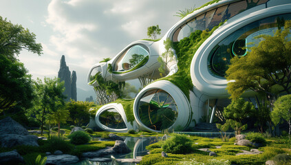 Green futuristic building, vertical forest apartment house with gardens on balconies. Modern sustainable architecture.