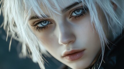 Character of a woman with white hair and close up beautiful face beautiful eyes background wallpaper AI generated image