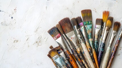 Obraz premium A collection of old paintbrushes on a white background, viewed from above. A creative and artistic concept featuring numerous colorful artist's brushes