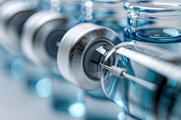 Obraz premium A row of blue and silver vials with a syringe in the middle