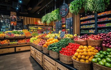 Obraz premium Colorful Supermarket Produce Section with Fresh Fruit and Vegetables