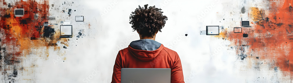 Poster person with laptops and efficient tech assistance concept as a person providing tech assistance with