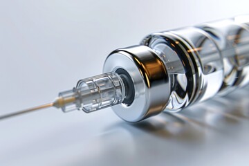 A syringe with a needle is shown in a close up