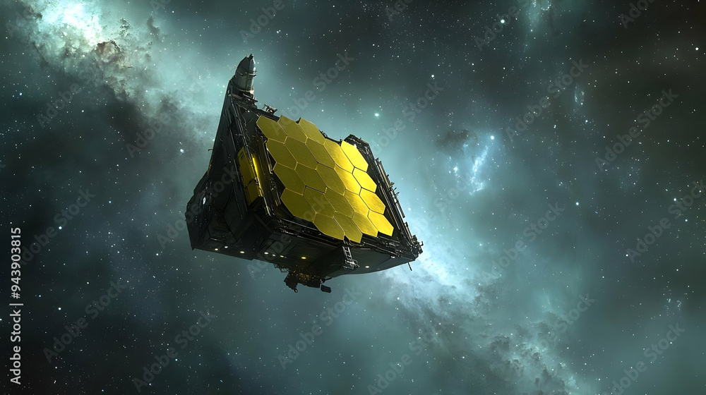 Poster futuristic spacecraft with a large, hexagonal panel flying through a star field.