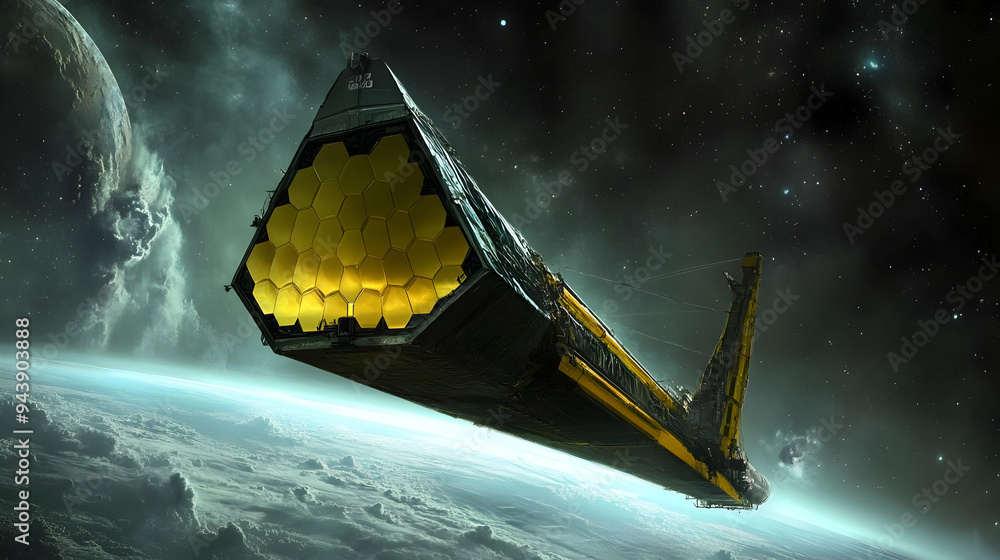Poster futuristic spaceship with a honeycomb-shaped array of solar panels orbiting a planet.