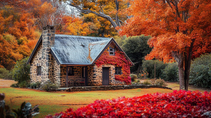 Fototapeta premium Urokliwy, kamienny domek wiejski jest zanurzony w malowniczym, jesiennym pejzażu pełnym żywych barw.